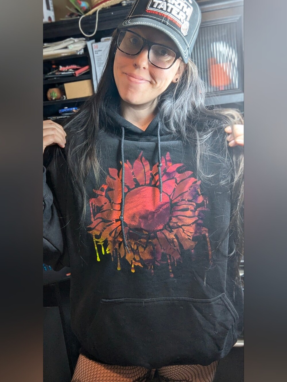 Black Hoodie with Oil Slick Color Changing Holographic Drippy Sunflower Art